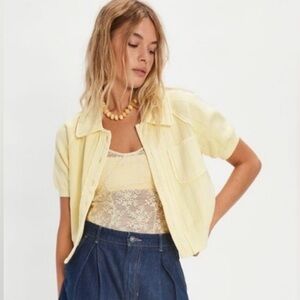 Free People Pale Yellow Short-Sleeve Button-Front Shirt